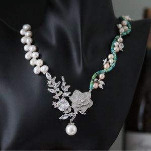 Original design handmade Bead Freshwater pearl. Turquoise. White gold plated.